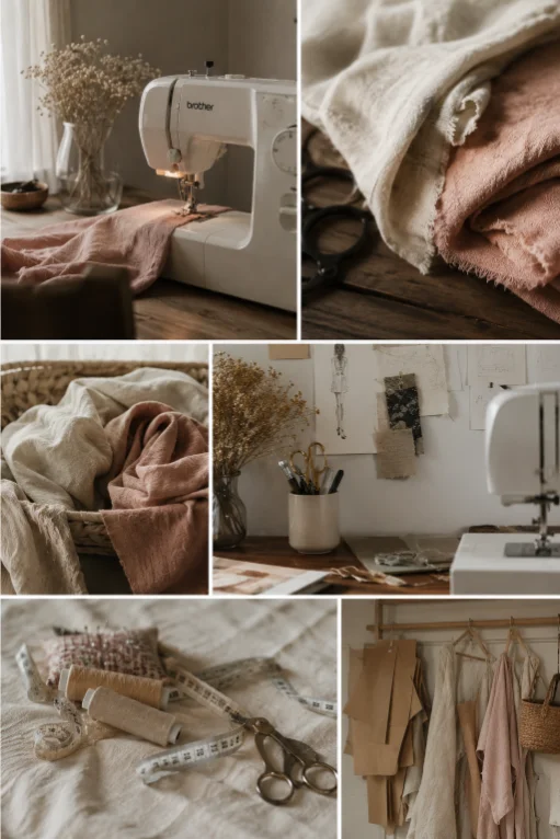 A collage of the Sew Easy studio — a sewing machine with blush linen, folded fabrics, threads and tape measure, and finished pieces on a rail.
